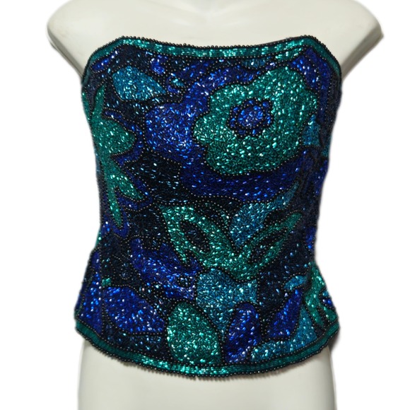VINTAGE BLACK TIE OLEG CASSINI Womens Medium Beaded Bustier Top Blue Green